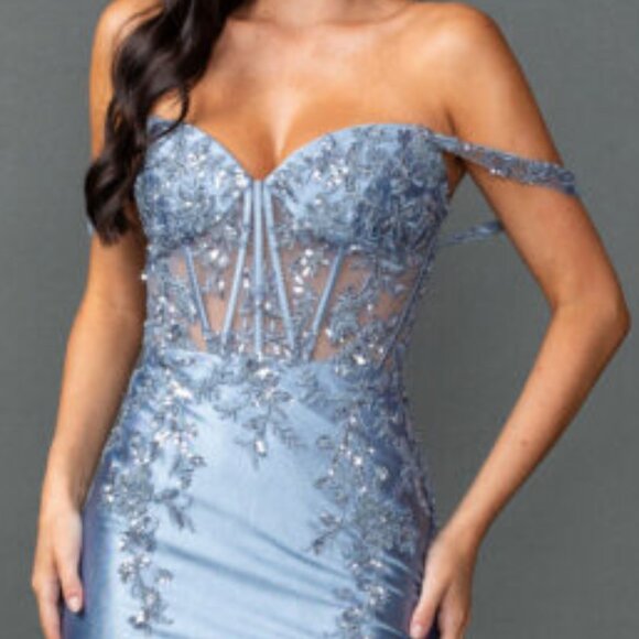 New Off Shoulder Maxi Prom Gown w/ Floral Lace Over Sheer Boned Bodice DQ 4540 - Picture 4 of 8